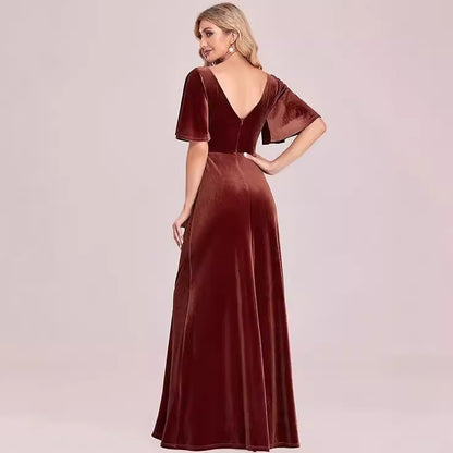 Elegant Bridesmaid Cocktail Party Banquet V-neck Velvet Evening Dress