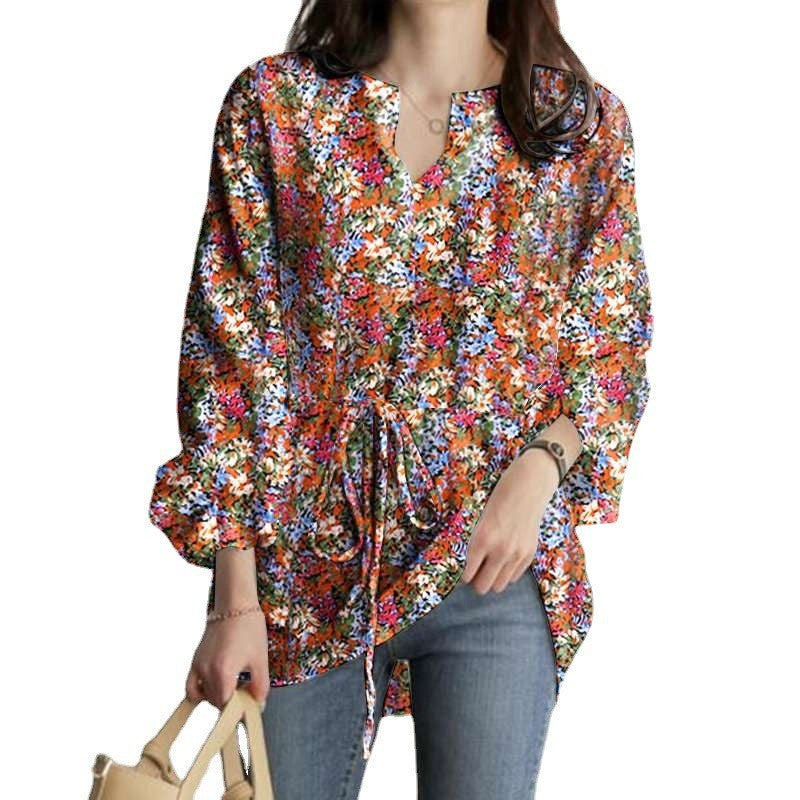 Spring And Autumn New Long Sleeve V-neck Floral Print Top