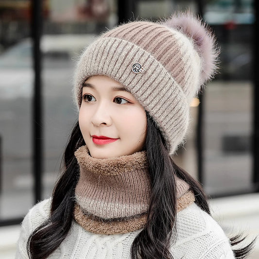 All-match Cycling Warm With Velvet Cold-proof Women's Winter Cotton-padded Cap Scarf Set