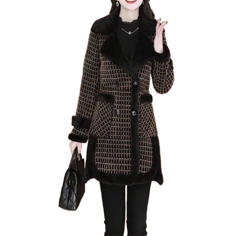 Plaid Fleece Lined Padded Warm Keeping Women's Overcoat