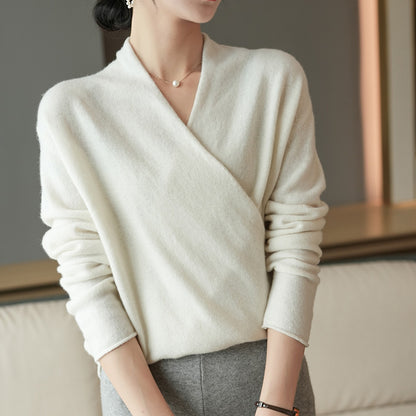 Cross Collar Pure Wool Sweater Female Slim Fit Pullover