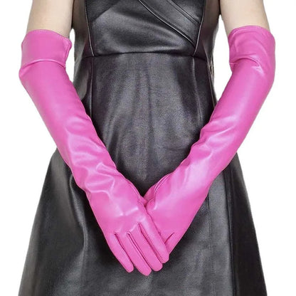 Faux Leather Long Fashion Women's Black Glossy Warm Gloves For Stage Performance