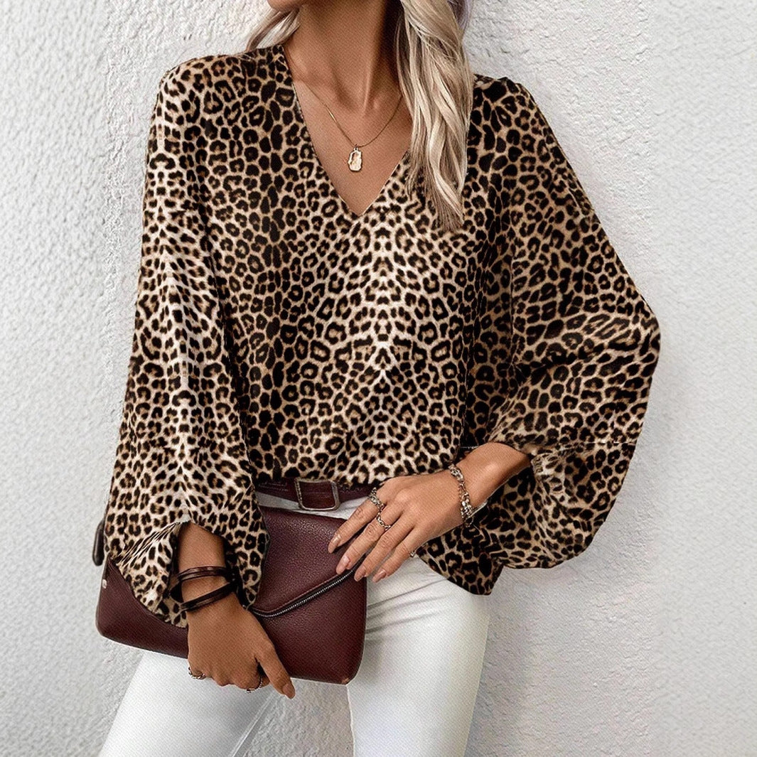 European And American V-neck Leopard Print Casual Long-sleeved Top