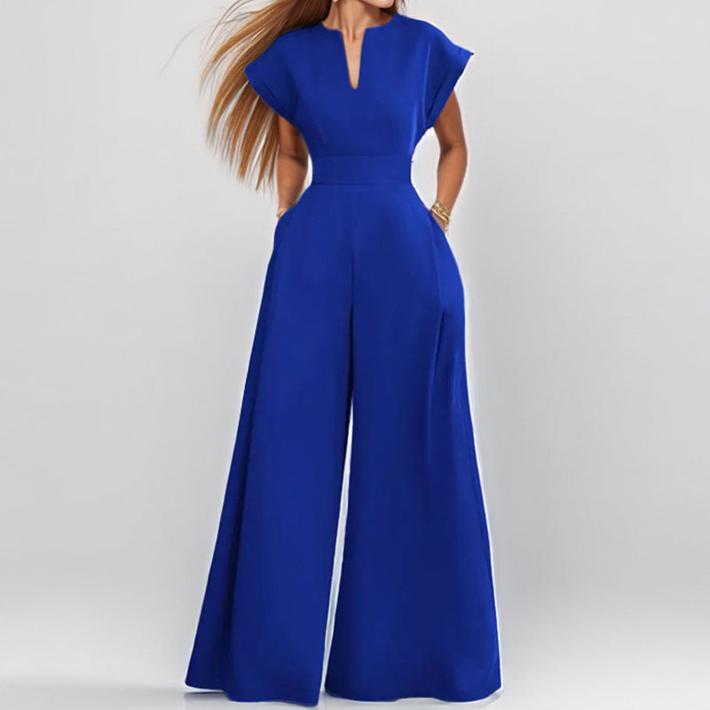 Eleganter Jumpsuit mit weitem Bein und einfarbigem V-Ausschnitt für Damen