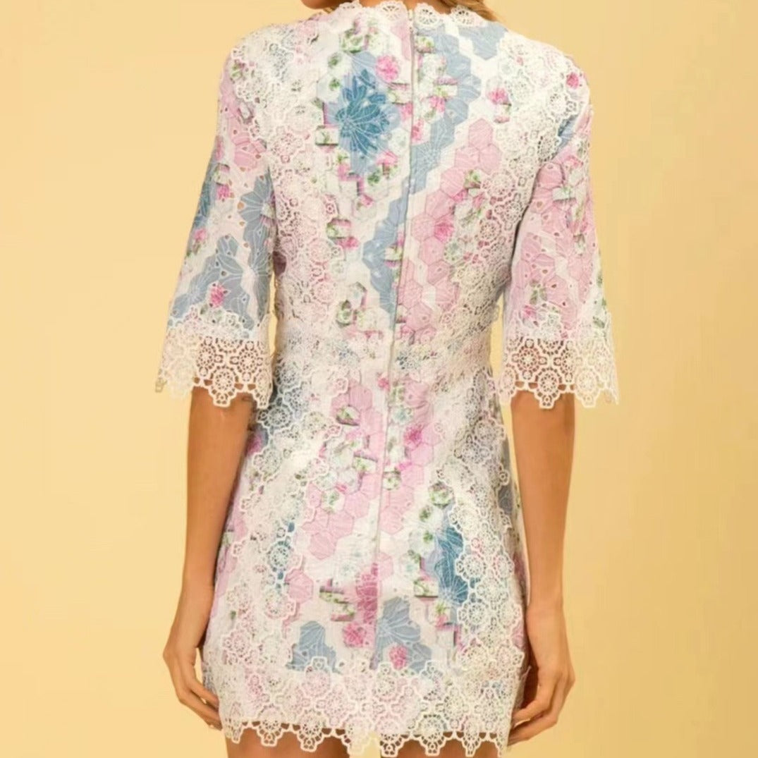 Retro High-grade Light Luxury Palace Contrast Color Printing And Dyeing Stitching Lace Dress