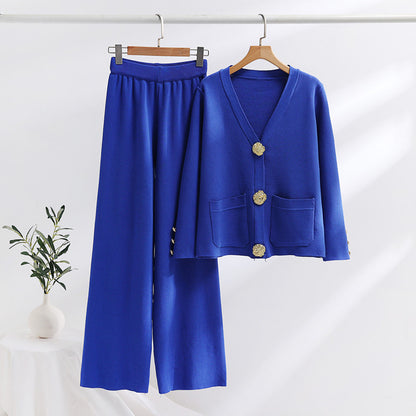 Contrast Color Daikin Button Sweater Women's Wide Leg Pants Knitted Two-piece