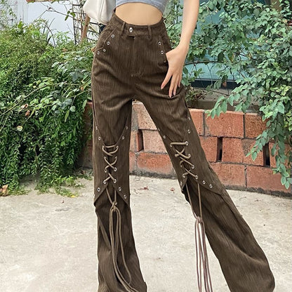 High Waist Lace-up Design Solid Color Street Shot Casual Trousers