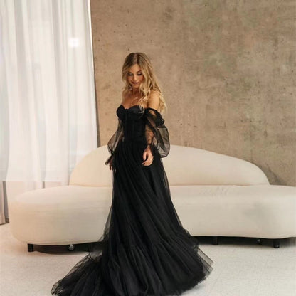 Women's Long Sleeve Transparent Lace Black Wedding Dress