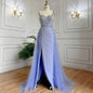 Blue Handmade Beaded Split Shoulder Fishtail Dress