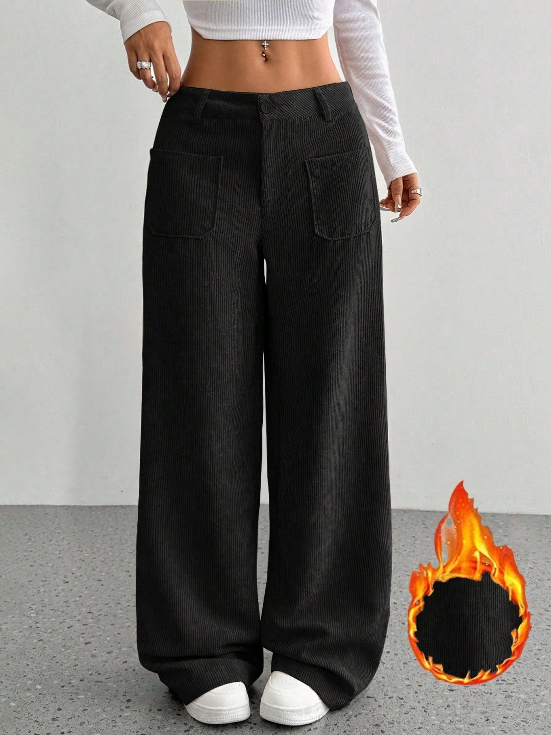 Loose Solid Color Pocket Mop Wide Leg Pants