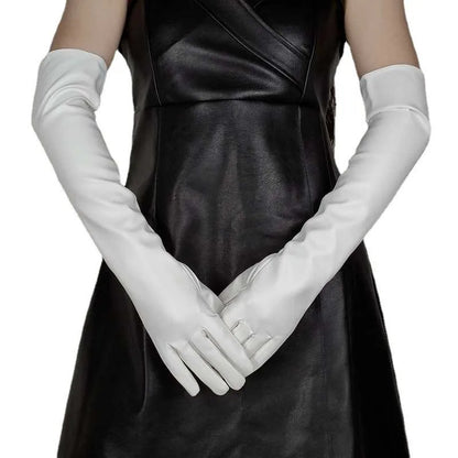 Faux Leather Long Fashion Women's Black Glossy Warm Gloves For Stage Performance