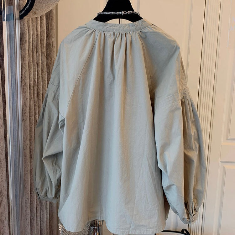 Retro French Pleated Puff Sleeve Loose V-neck Shirt