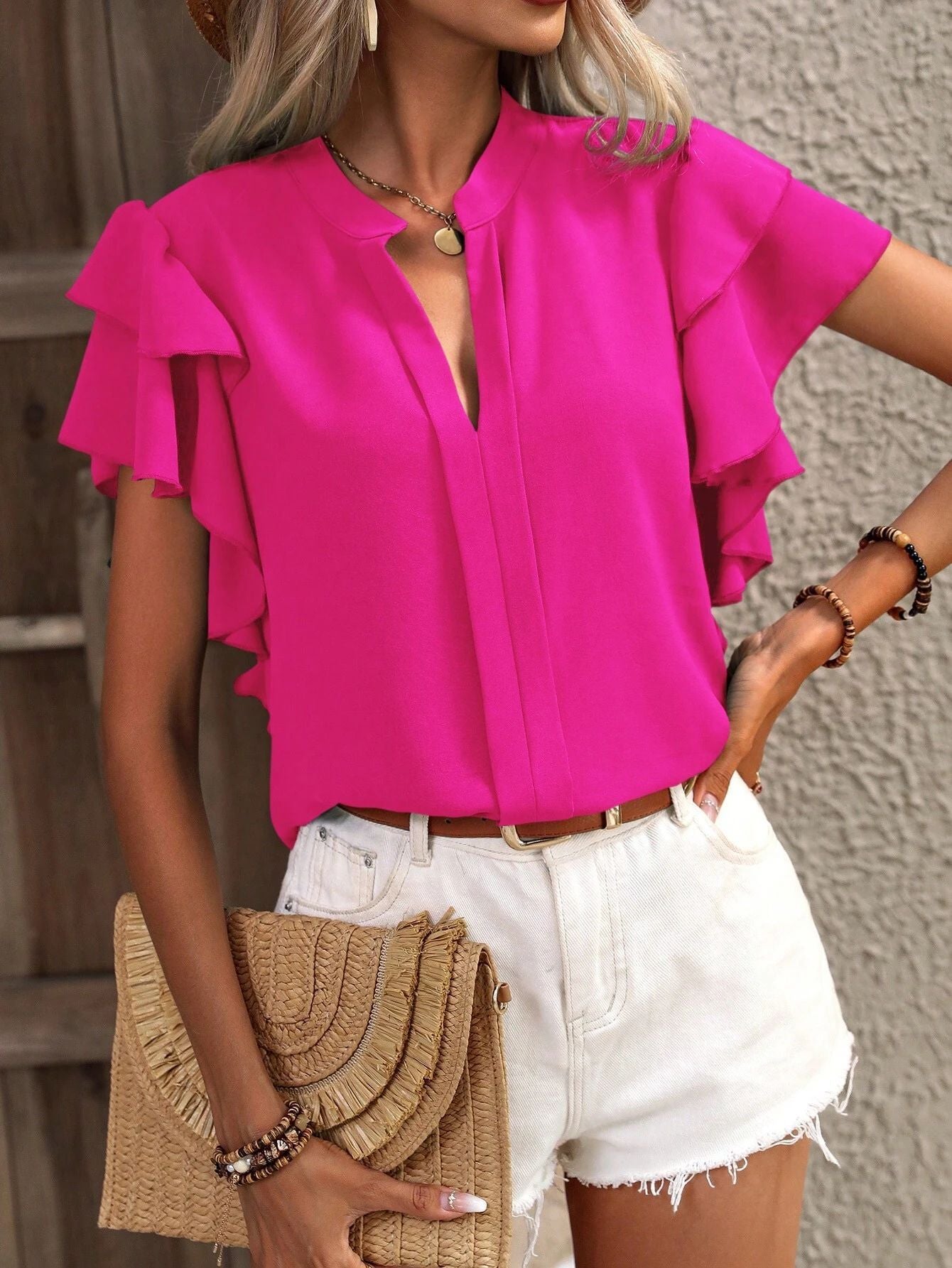 Casual Summer V-neck Solid Color Shirt Top