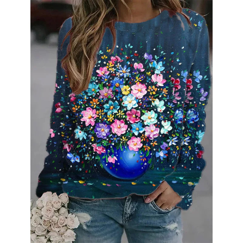 Ölgemälde Bunte Blumen Damen Langarm Pullover Top