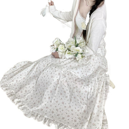 Age-reducing Wooden Ear Floral Niche Super Sweet Stitching Tiered-Ruffle Long Dress