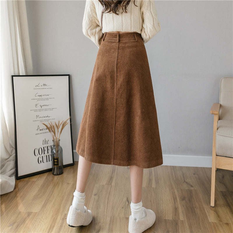 Corduroy Retro Fashion A- Line Dress Midi Skirt