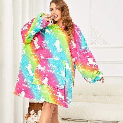 Printed Lazy Clothes Pullover Sweater Hooded Outdoor Wearable Blanket