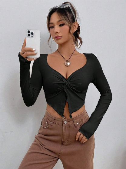 Slim-fit Front Twist Irregular Long Sleeve T-shirt For Women