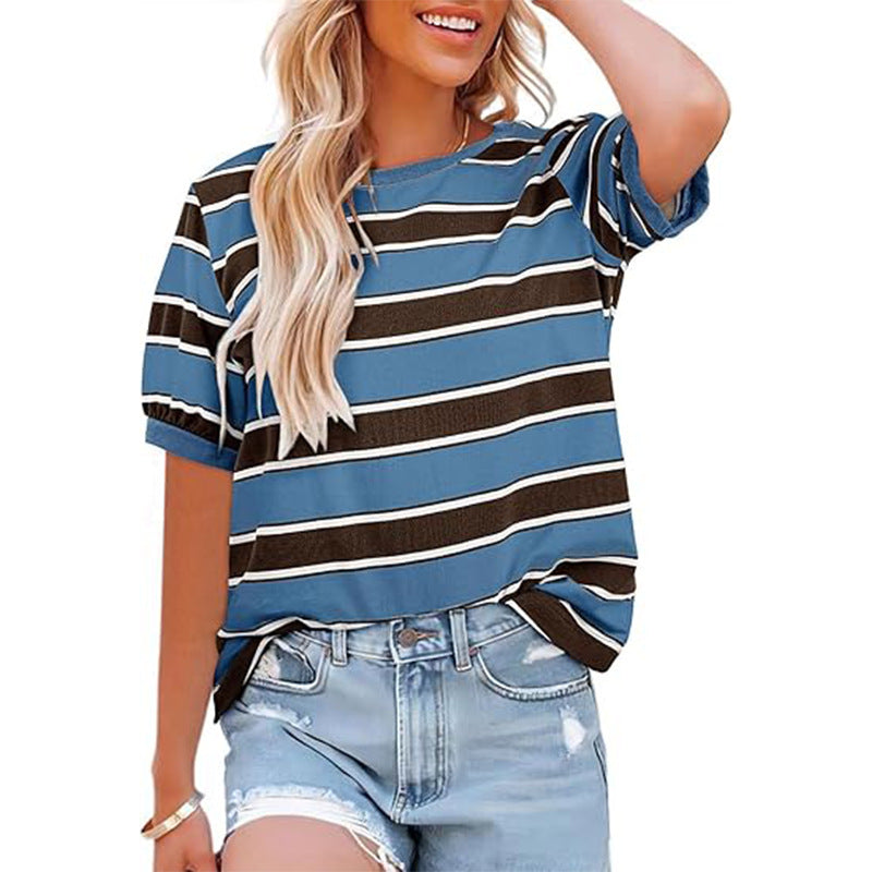 Women's Round Neck Colored Mosaic Large Striped Loose All-matching Shirt