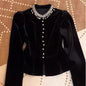 Black Beaded Velvet Puff Sleeve Shirt