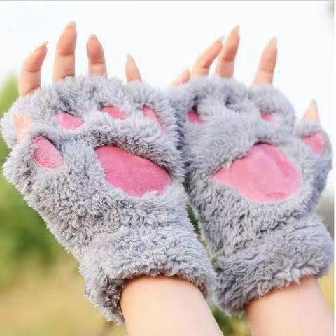 Autumn And Winter Student Plush Cat's Paw Half Finger Gloves For Men And Women