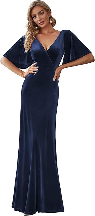 Elegant Bridesmaid Cocktail Party Banquet V-neck Velvet Evening Dress