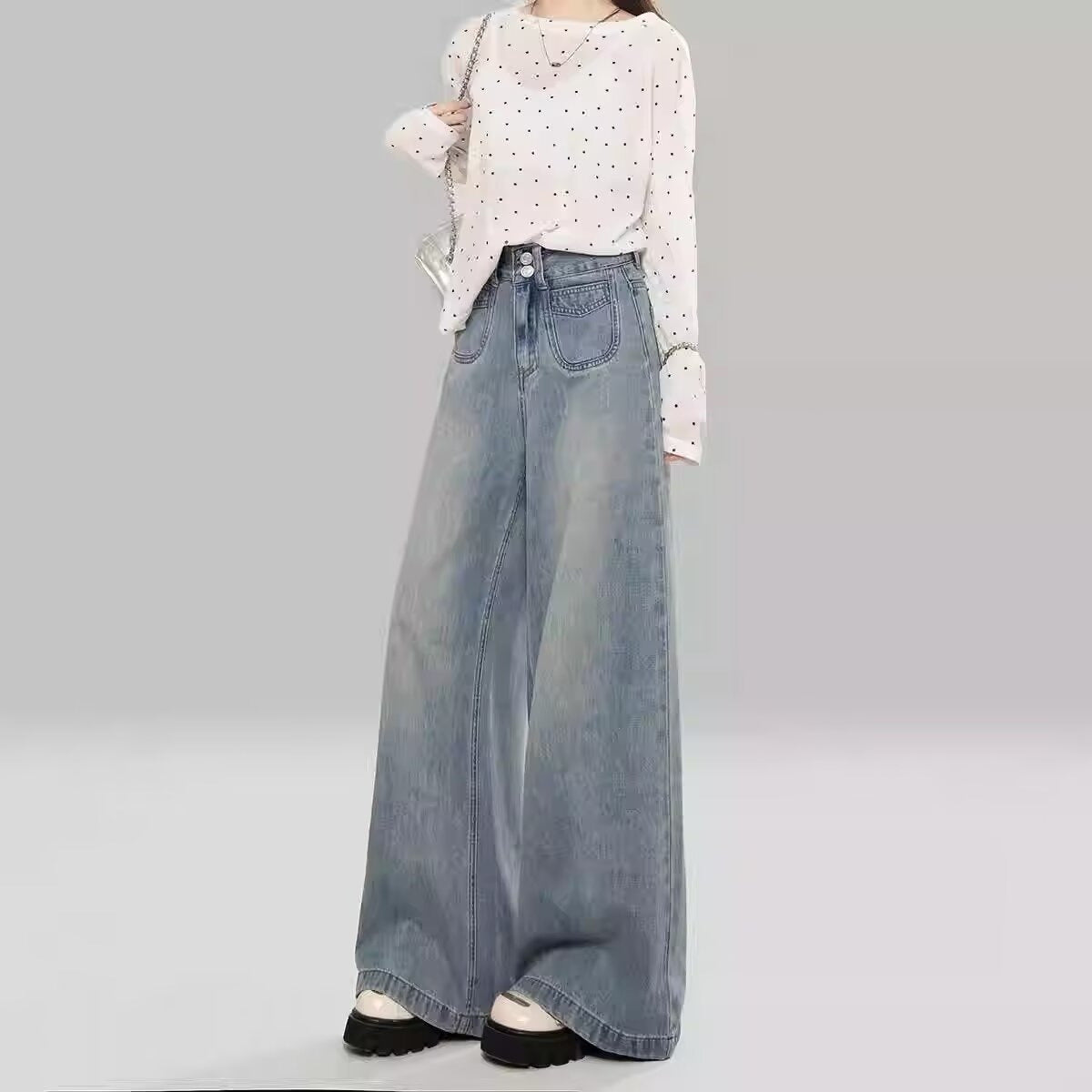 American Retro Light Blue Slimming And Wide Leg Jeans