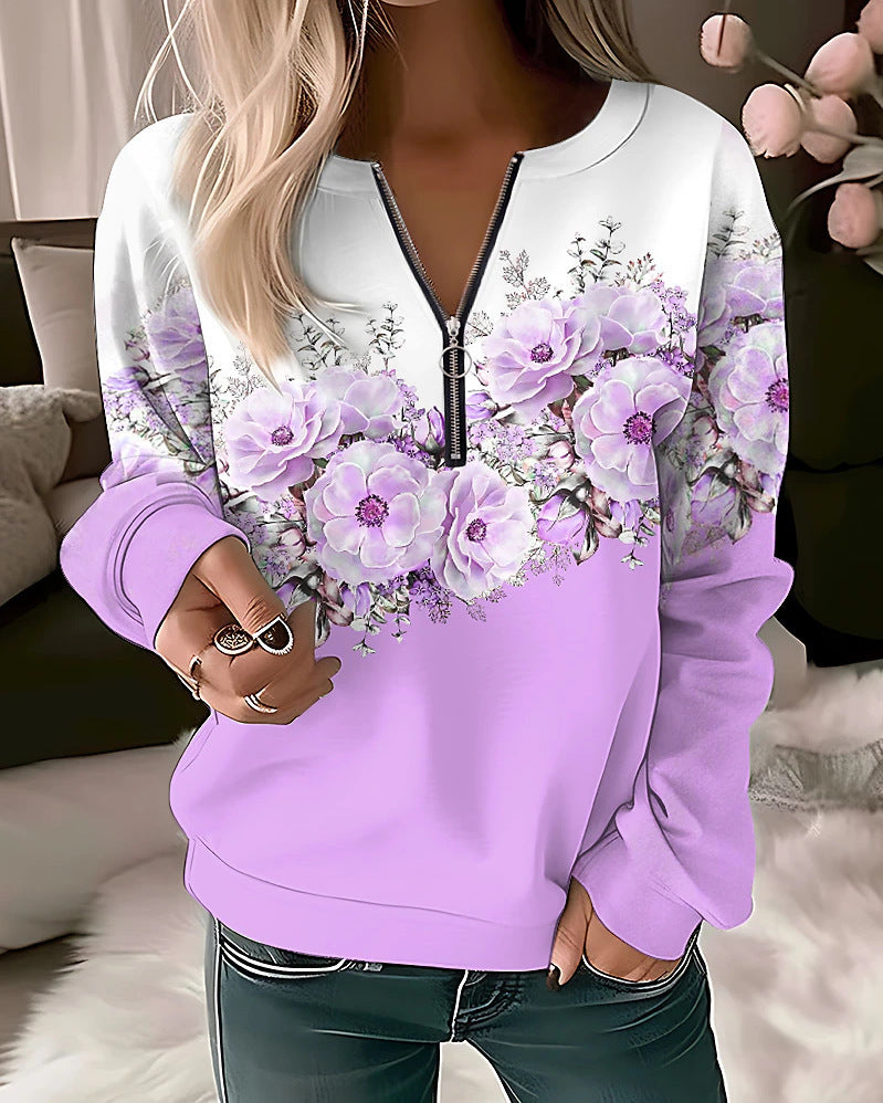 Women's Printed V-neck Long Sleeve Pullover Loose Sweater