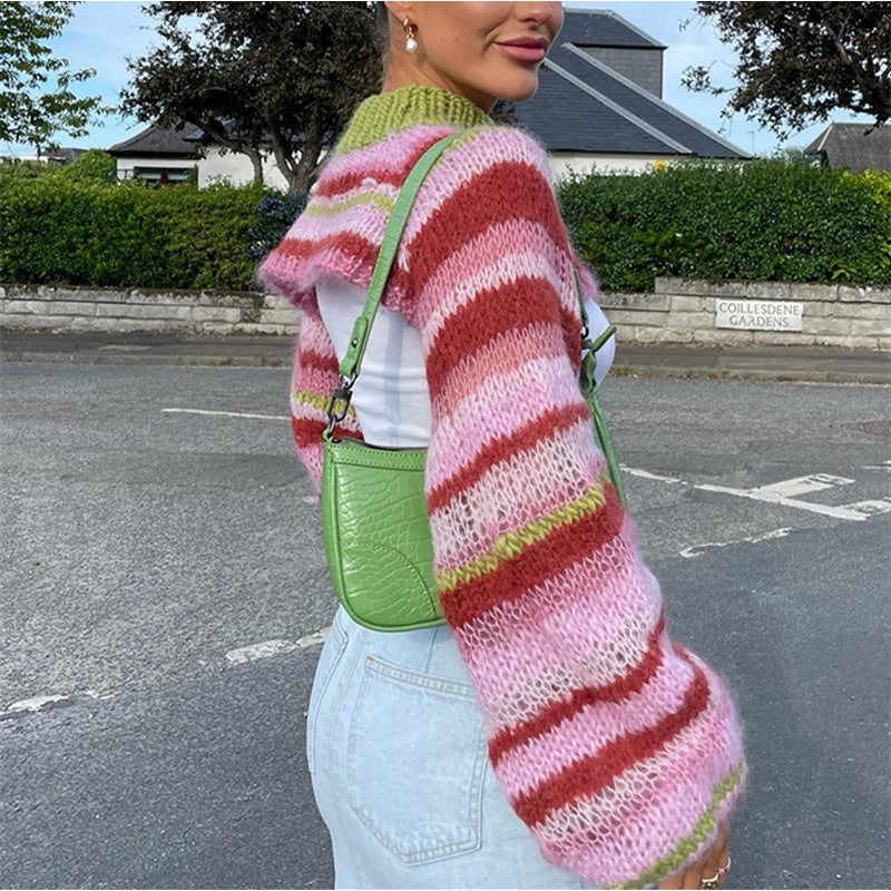 Autumn And Winter Colorful Striped Top Temperament Long Sleeve Knitted