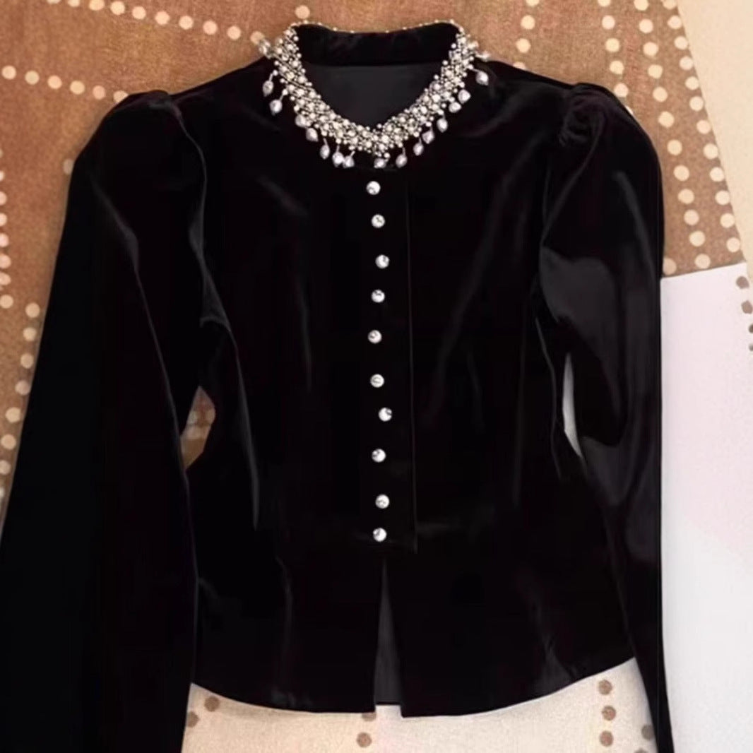 Black Beaded Velvet Puff Sleeve Shirt