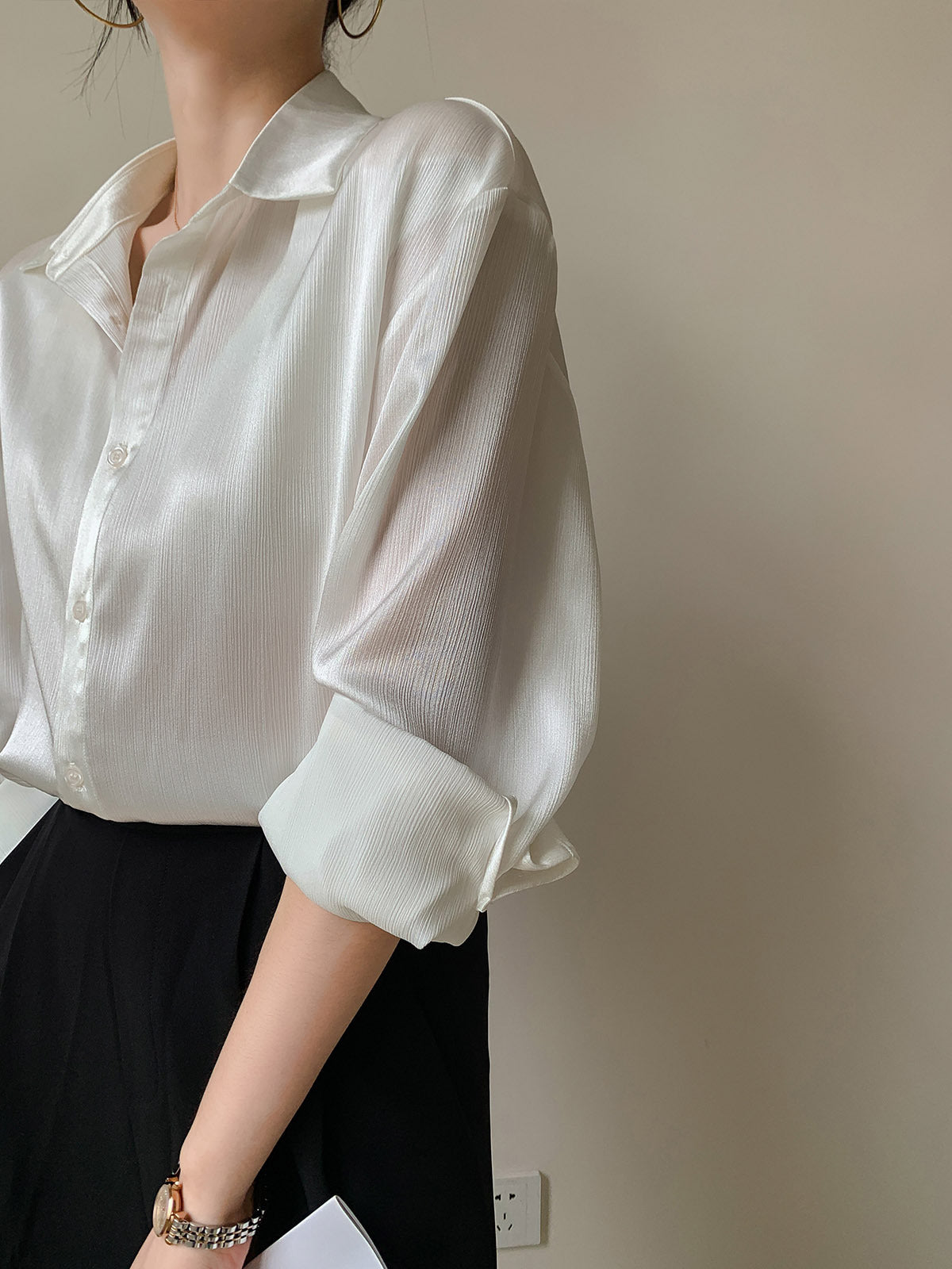 White Texture Satin Shirt For Women