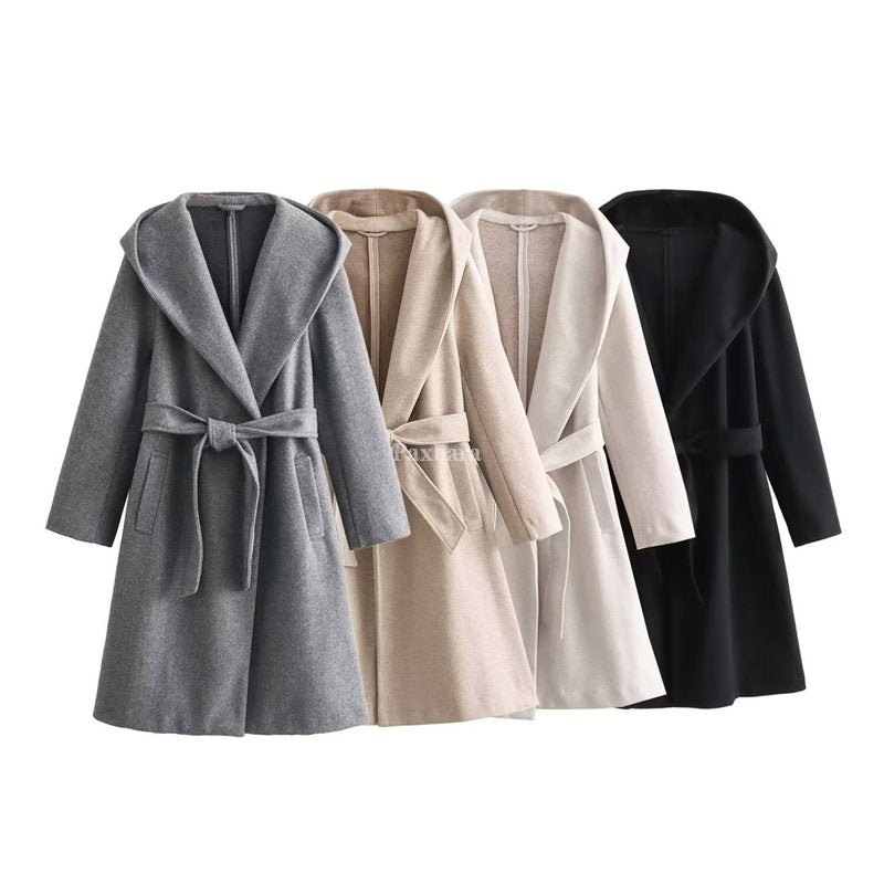 Women's Lace-up Waist Elegant Hooded Woolen Coat