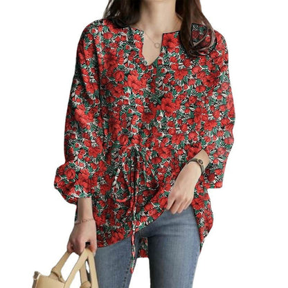 Spring And Autumn New Long Sleeve V-neck Floral Print Top