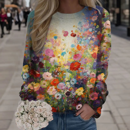 Ölgemälde Bunte Blumen Damen Langarm Pullover Top