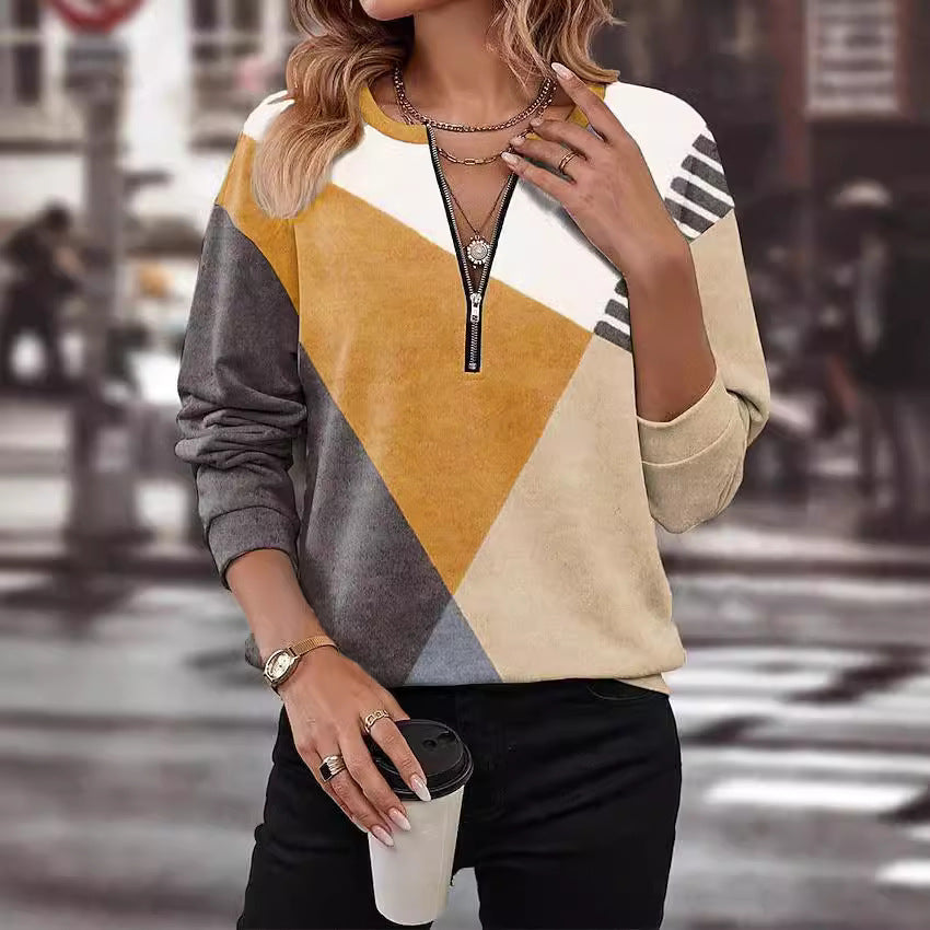 Autumn Winter Assorted Colors Loose Zip Long Sleeve V-neck Sweatshirt