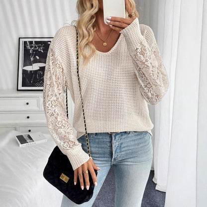 Elegant Women's Solid Color V-neck Lace Stitching Long Sleeve T-shirt