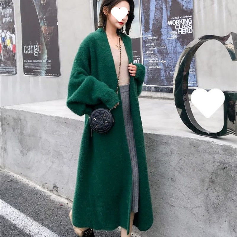 Mink-like Wool Cardigan Loose Size Thickened Mid-length Idle Style Knitted Coat