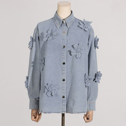 Simple Style Three-dimensional Flower Denim Top For Women Summer