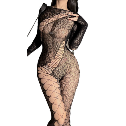 Irregular Mesh Transparent Leopard Print One-piece Stockings