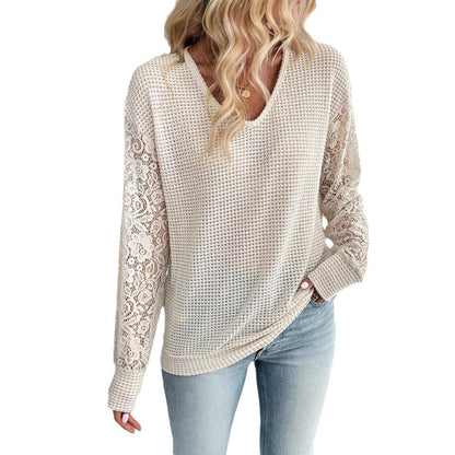 Elegant Women's Solid Color V-neck Lace Stitching Long Sleeve T-shirt