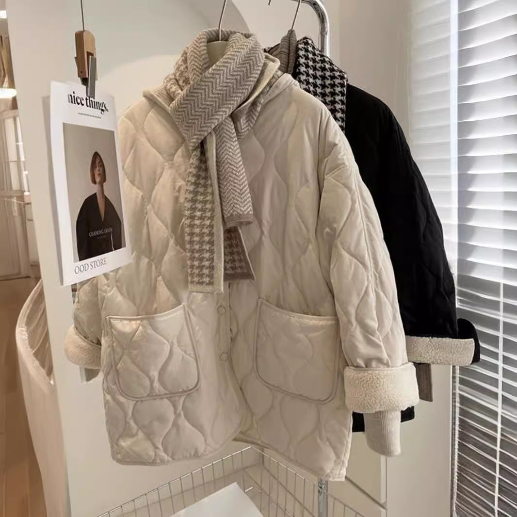 Winter Stitching Diamond Lattice Cotton-padded For Women Baggy Coat