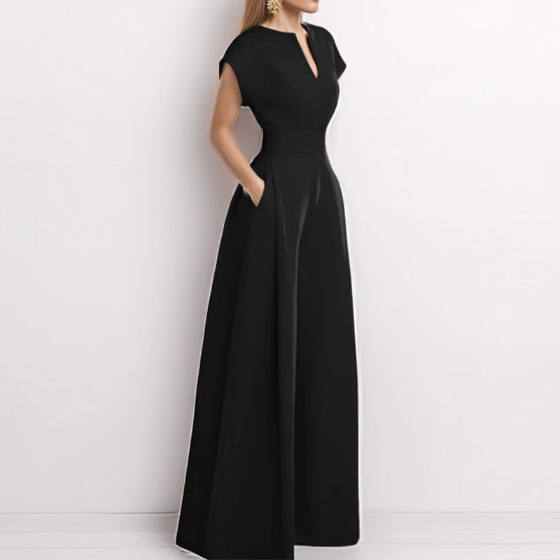 Eleganter Jumpsuit mit weitem Bein und einfarbigem V-Ausschnitt für Damen