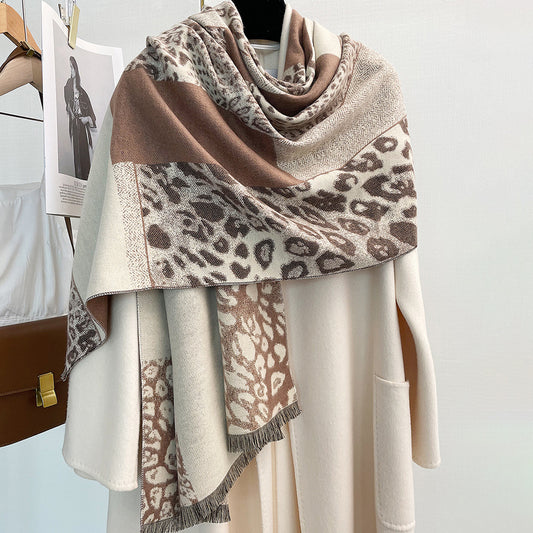 Autumn And Winter Color-blocking Leopard Print Thick Warm Temperament Shawl Atmosphere Scarf