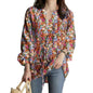 Spring And Autumn New Long Sleeve V-neck Floral Print Top