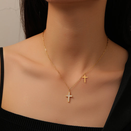 Women's Simple Stainless Steel Imitation Shell Cross Pendant Necklace