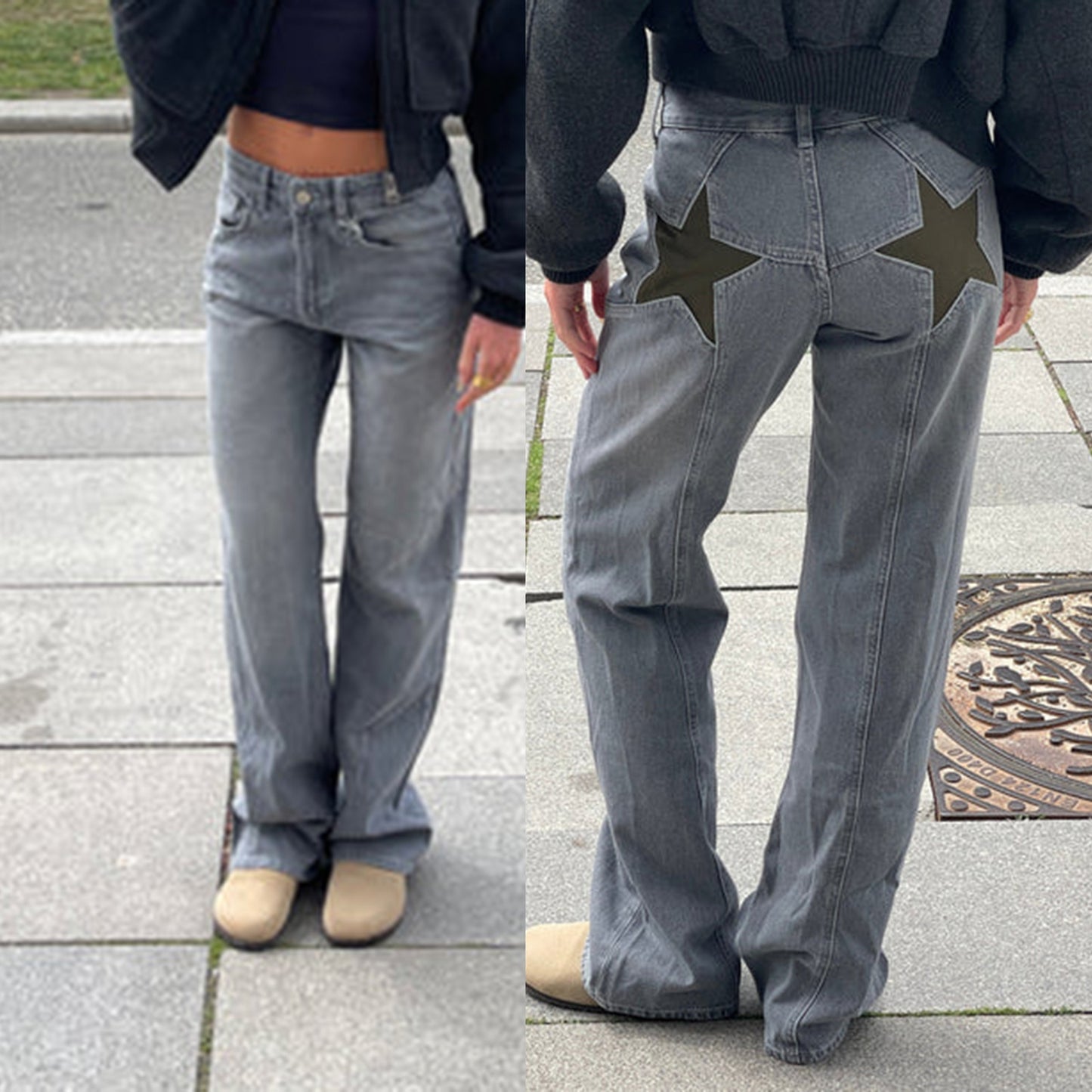 Retro Back Five-pointed Star Jeans Color Contrast Patchwork Casual Pants