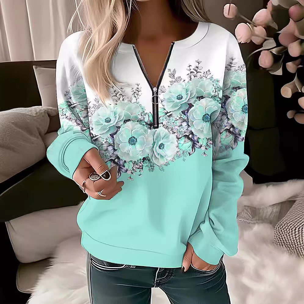 Women's Printed V-neck Long Sleeve Pullover Loose Sweater