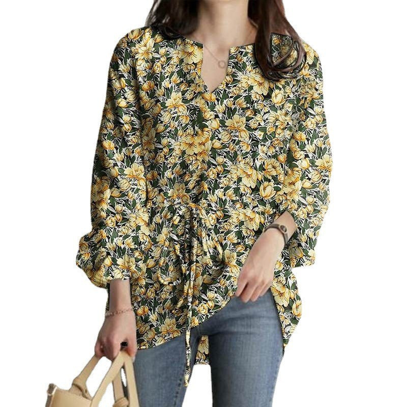 Spring And Autumn New Long Sleeve V-neck Floral Print Top