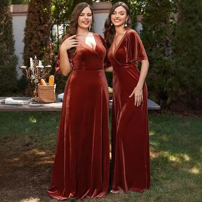 Elegant Bridesmaid Cocktail Party Banquet V-neck Velvet Evening Dress