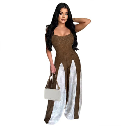 Sexy Cutout Wide Leg Knitted Sling Stitching Contrast Color Jumpsuit